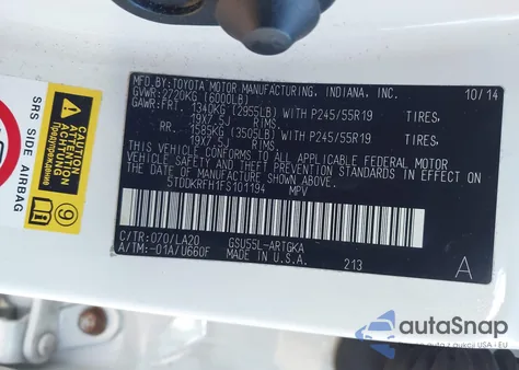 2015 Toyota Highlander Limited Platinum V6 из США, поврежденный, VIN 5TDDKRFH1FS101194